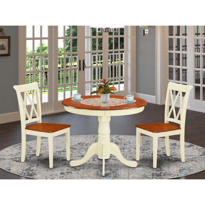 3 Piece Dining Table Set for Small Spaces Contains a Round Kitchen Table with Pedestal and 2 Dining Chairs, Buttermilk & Cherry - Luxury Arts dining set