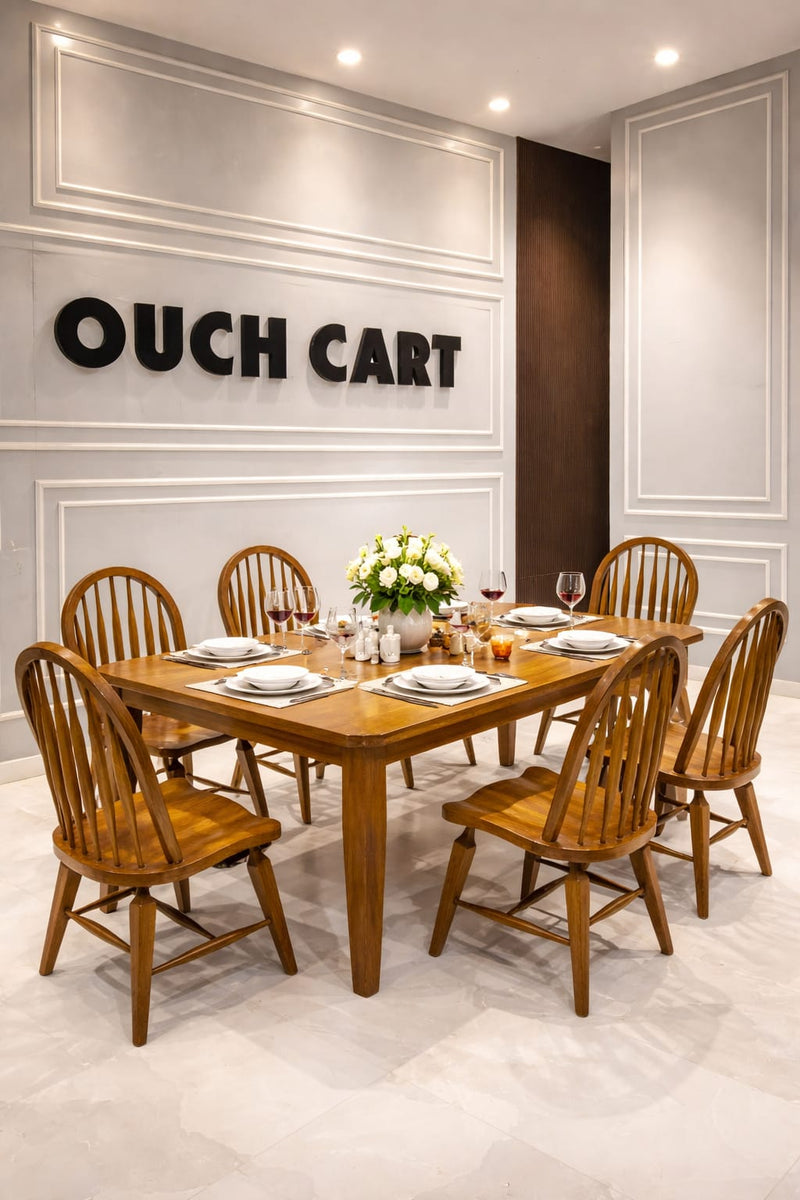 Solid Wood 6 Seater Dining Table Set with Windsor Back Chairs – Natural Oak Finish