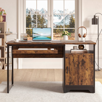 Luxury Arts 47" Reversible Computer Desk with Cabinet & Keyboard Tray , Industrial Home Office Desk or study desk for Small Spaces with Shelf in Brown