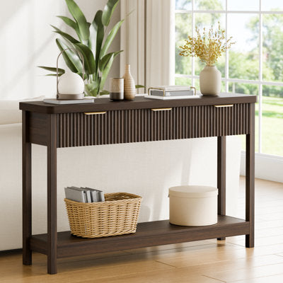 51-Inch Modern Water Ripple Console Table With 3 Wooden Drawers, Slim Entryway & Behind Sofa Table For Living Room, Hallway & Foyer, Farmhouse Accent in Walnut - Luxury Arts console table