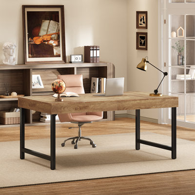 Luxury Arts 55.12'' W Manufactured Wood and Iron Executive Desk in Brown and Black