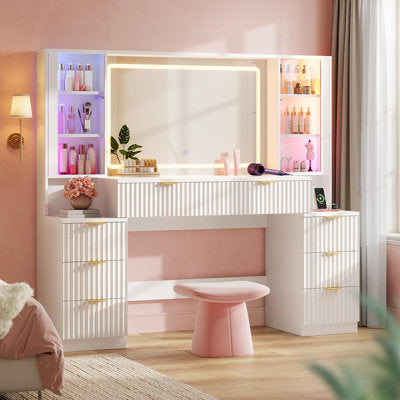 59 Inch Fluted Wood Makeup Vanity with Mirror, LED Lights & 8 Drawers in a bedroom setting