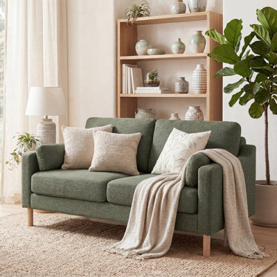 59.8" W Modern Boucle Upholstered Loveseat in Dark Green Linen