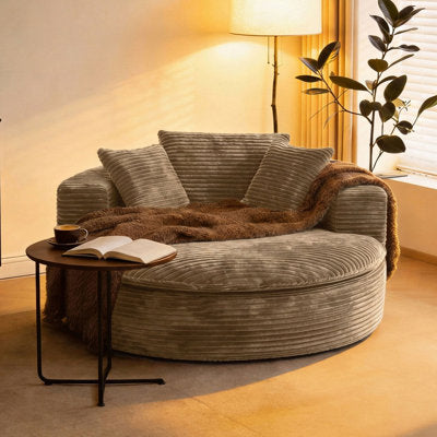 Luxury Arts 59" Oversized Round Chaise Lounge Chair & Sleeper Sofa Bed | Modern Corduroy Upholstery with Foam Cushioning, No Assembly Required, Suitable for Bedroom, Cozy Round Couch for Small Spaces, Fabric with Memory Foam, Pillow-Khaki  Style