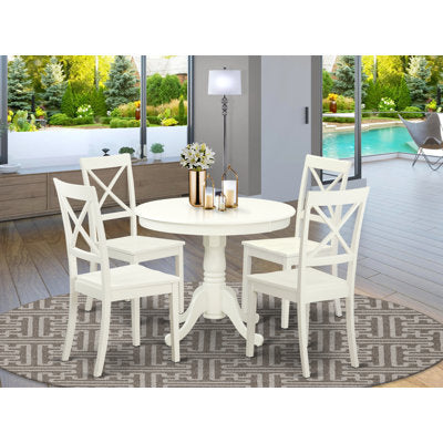5 Piece Dinette Table Set for 4 Includes a Round Kitchen Table with Pedestal and 4 Dining Chairs, Linen White - Luxury Arts dining set