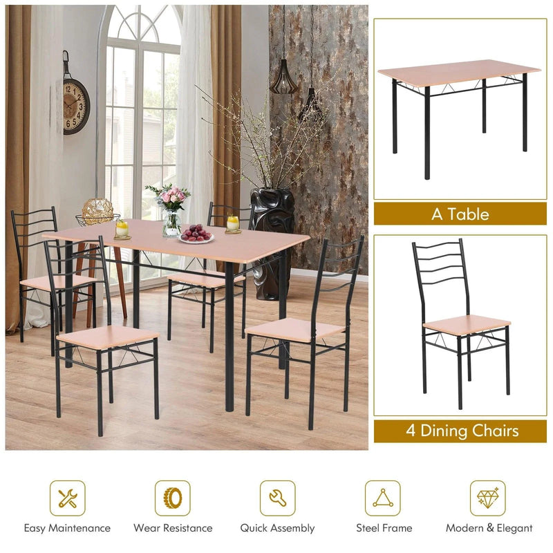 5-Pieces Dining Table Set 4 Chairs MDF Metal Frame Kitchen Furniture Brown