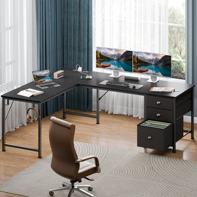 Luxury Arts 62.8 Inch L-Shaped Computer Desk with Power Outlets & Storage Drawers, Reversible Gaming Desk for Home Office
