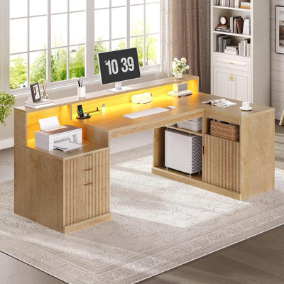 Luxury Arts 64.4" Modern L Shaped Desk With Drawers, Fluted Home Office Desk With Led Lights And Power Outlets, Wood Executive Desk With File Cabinet Monitor Stand, Oak in Oak