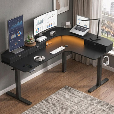 Luxury Arts 66" Height Adjustable L-Shaped Desk With Power Outlets and 3 Drawers in Black/Black