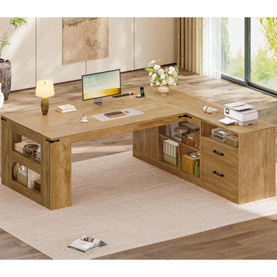 Luxury Arts 71" Executive Desk, L Shaped Computer Desk With Power Outlets And Lateral File Cabinet, Modern Corner Desk With Storage Shelves, Business Furniture Workstation, Oak in Oak
