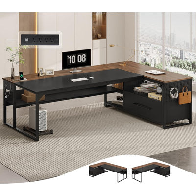 Luxury Arts 71" L-Shaped Executive Desk, Large Office Desk With Widen File Drawers and Power Outlets in Walnut