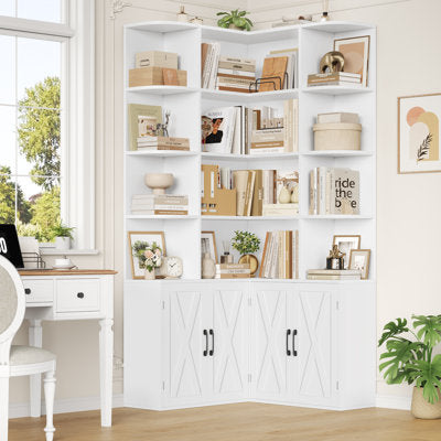 73.7" H Corner Bookcase with 6 Tiers & 4 Door Storage - Corner Bookcase
