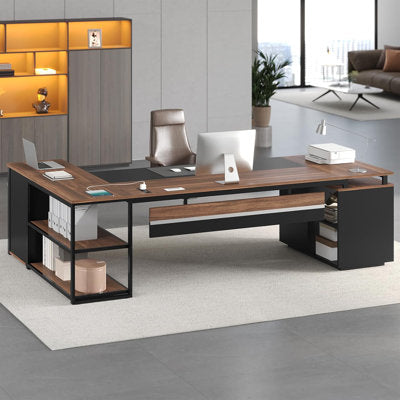 Luxury Arts 78" Executive Desk With Lockable File Cabinet, L Shaped Office Desk With Power Outlets, Privacy Screen, Walnut in Walnut