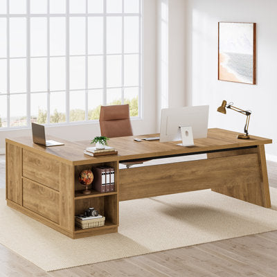 Luxury Arts 78'' W Manufactured Wood and Metal L-Shaped Executive Desk in Brown
