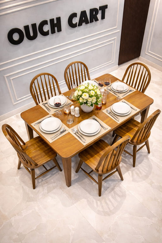 Solid Wood 6 Seater Dining Table Set with Windsor Back Chairs – Natural Oak Finish