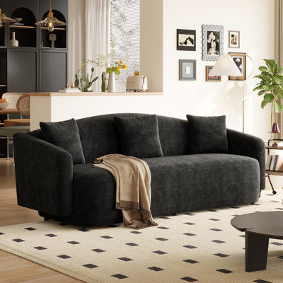 Luxury Arts 83" Waterproof Chenille Curved Sofa, Modern 3-Seater Couch with 3 Throw Pillows, Contemporary Living Room Sofa in Black