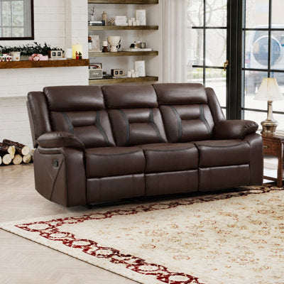 84.6'' Wide Vegan Leather Manual Reclining Sofa, 3-Seater Recliner Couch With Pillow Top Arm in Brown Faux Leather