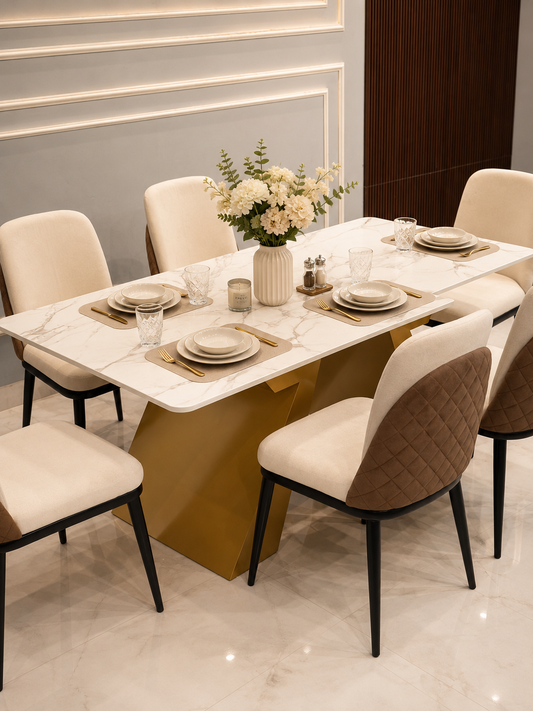 Modern 6 Seater Marble Dining Table Set with Gold Metal Base & Upholstered Chairs | Luxury Dining Room Furniture - Image 2