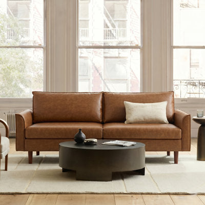 Alpha 78.5" Mid-Century Modern Faux Leather Sofa with Solid Wood Legs in Camel