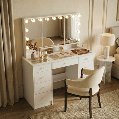 Angrand Makeup Vanity with Lighted Tri-Fold Mirror & 9 Drawers - Luxury Arts