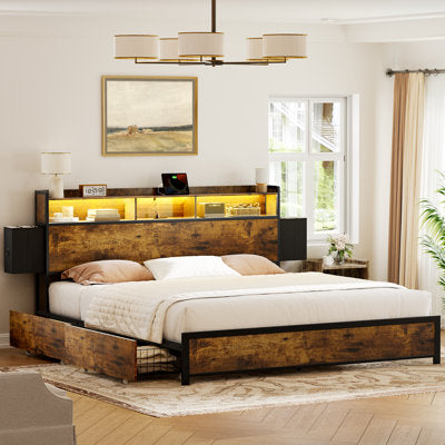 Antioch King Bed Frame with Underbed Drawers & LED Charging Headboard in a bedroom setting