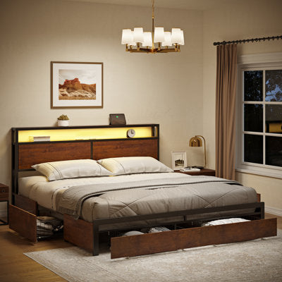 Antioch Modern King Bed with Drawers, LED Headboard & Charging Station in a bedroom setting