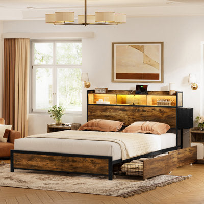Antioch Queen Bed Frame with Underbed Drawers & LED Charging Headboard in a bedroom setting