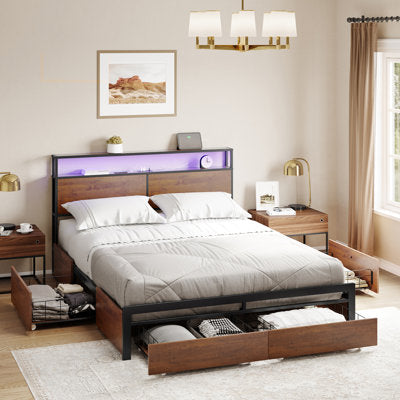 Antioch Queen Bed with Drawers, LED Headboard & Charging Station - Luxury Arts