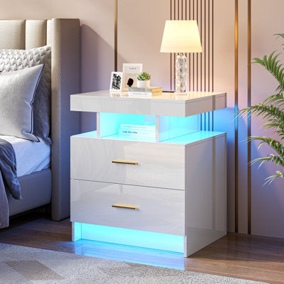 Glossy white two-drawer nightstand with USB port and LED accent lighting