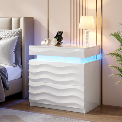 White nightstand with two drawers, hidden storage and motion sensor light