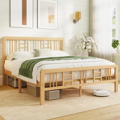 Bamboo Wood Queen Bed Frame with Tall Footboard in a bedroom setting