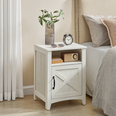 White farmhouse nightstand with X-panel cabinet door and open shelf