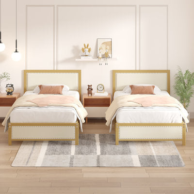 Belah Twin Bed Frames with Linen Upholstered Headboards (Set of 2) in a bedroom setting