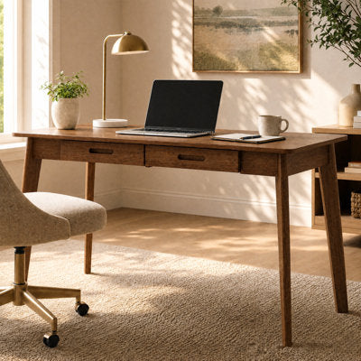 Luxury Arts Caidence 2-Drawer Writing Desk with Solid Wood Legs in Brown / Brown