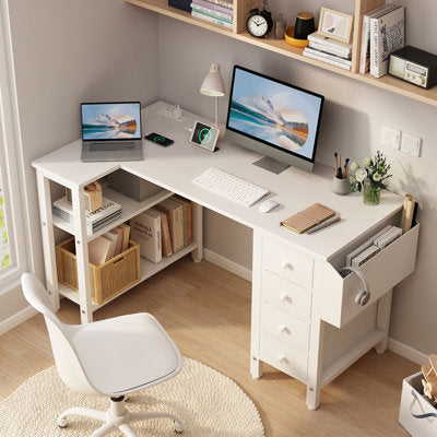 Luxury Arts Cheshire Built-in Outlets L-Shaped Computer Desk with Drawers & Storage Shelves in White