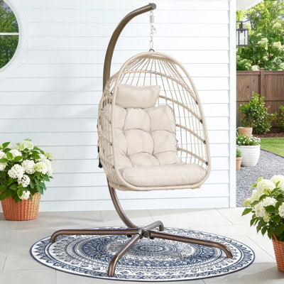 Chingford Indoor/Outdoor Hanging Egg Chair with Stand, Porch Swing Chair, 5" Cushion and Headrest in Beige - Luxury Arts swing chair