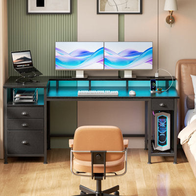 Luxury Arts Computer Desk with LED Lighting & Power Strip, Black Gaming Desk with Monitor Stand, Home Office Writing Desk with 3 Fabric Drawers & 1 Fabric File Cabinet in Black