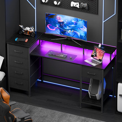 Luxury Arts Computer Desk with Monitor Stand & Charging Station, Gaming Desk with LED Lights & Drawers in Black