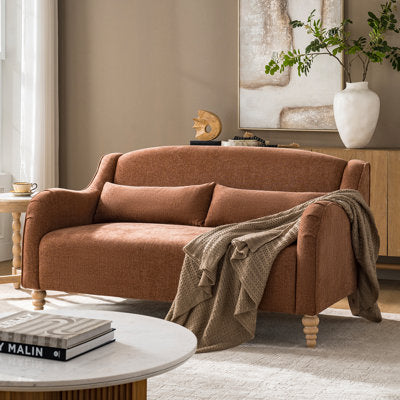 Luxury Arts Darley 60.75"W Farmhouse Upholstered Loveseat with Curved Arms and Solid Wood Spindle Legs in Caramel