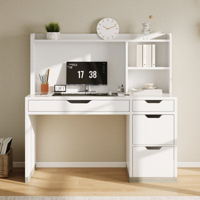 Luxury Arts Desk with Hutch, 47 Inch White Desk with 4 Drawers and File Drawer for Bedroom