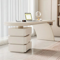 Modern Cream Writing Desk with Drawer & Shelf, Glossy Piano Lacquer Finish and Spacious Storage