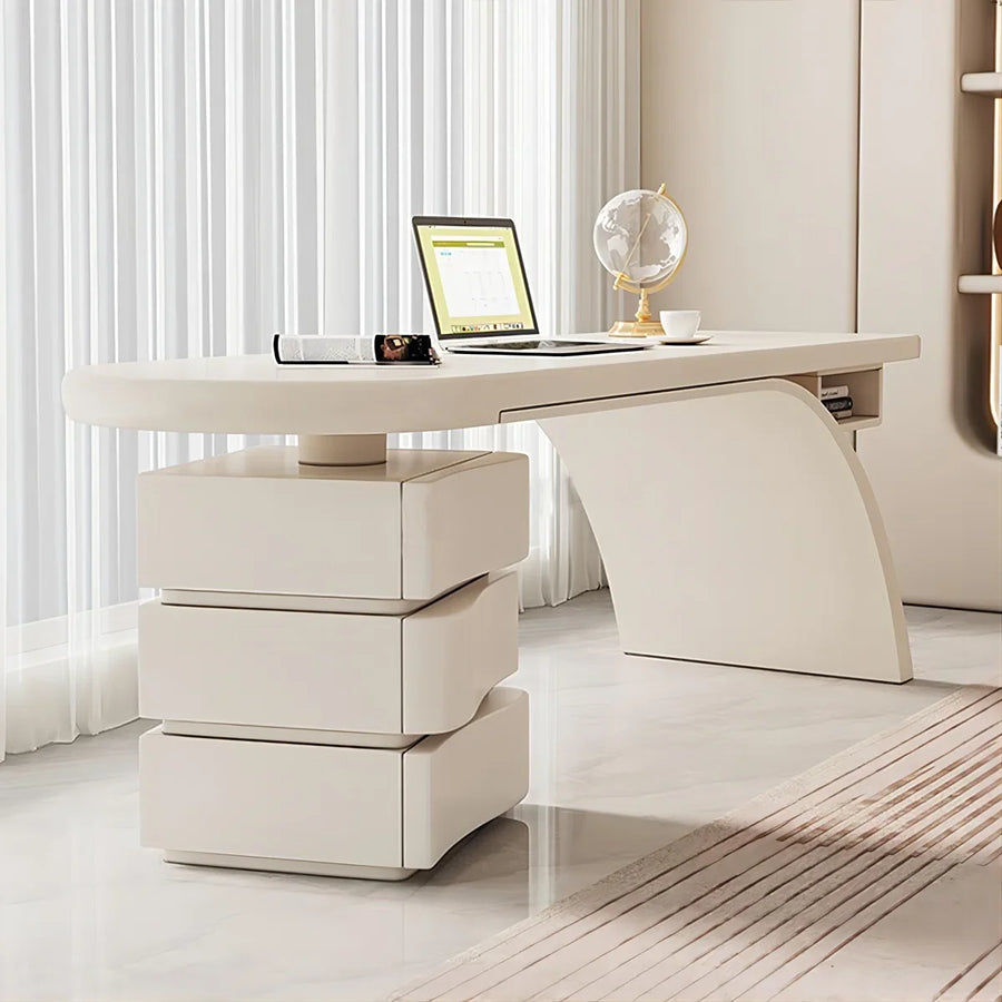 Modern Cream Writing Desk with Drawer & Shelf, Glossy Piano Lacquer Finish and Spacious Storage