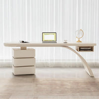 Modern Cream Writing Desk with Drawer & Shelf, Glossy Piano Lacquer Finish and Spacious Storage
