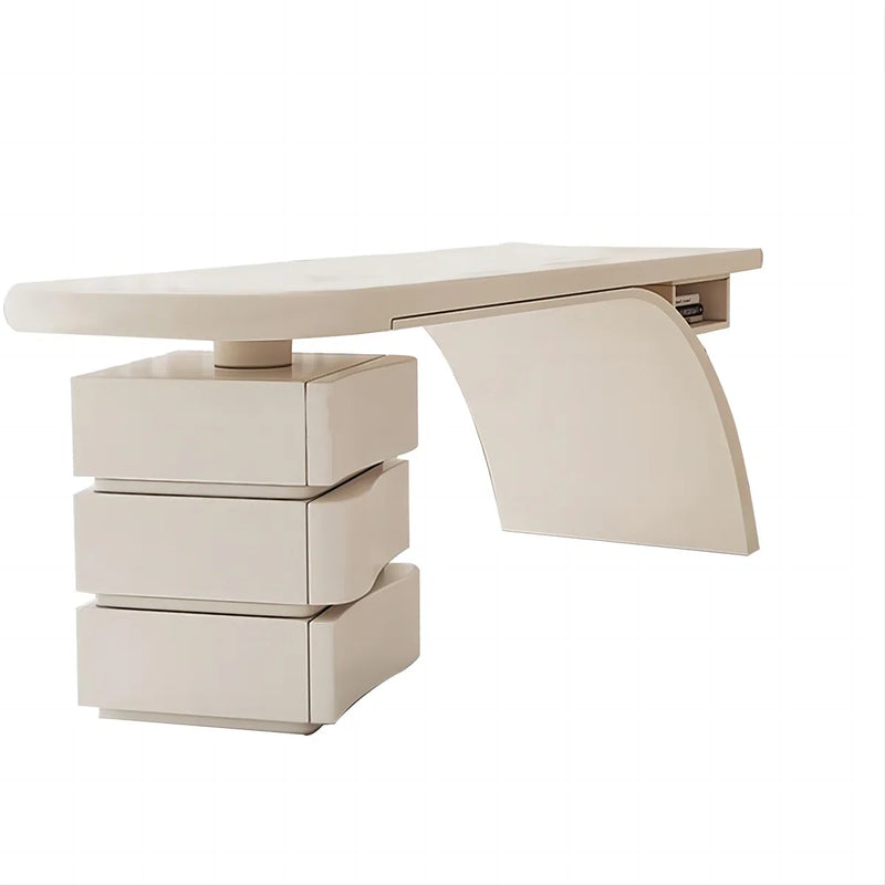 Modern Cream Writing Desk with Drawer & Shelf, Glossy Piano Lacquer Finish and Spacious Storage