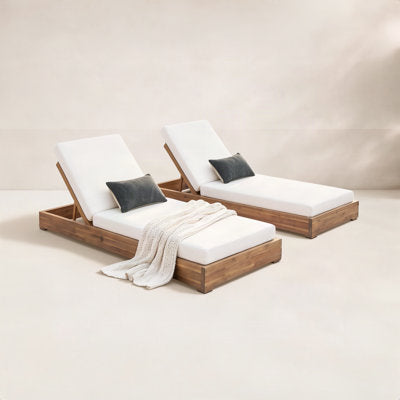 Luxury Arts Donnie Reclining Acacia Wood Outdoor Chaise Lounge in Cream Cushion/Teak Frame, Set of 2