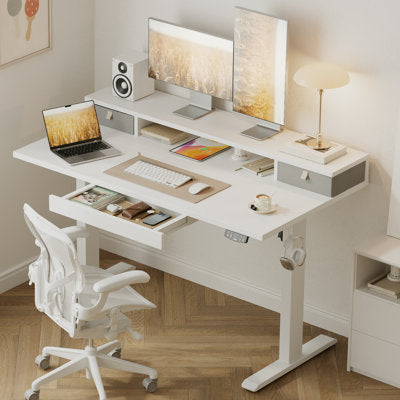 Luxury Arts Electric Height Adjustable Desk with Storage Shelf,Standing Desk with 3 Drawers for Home Office in White