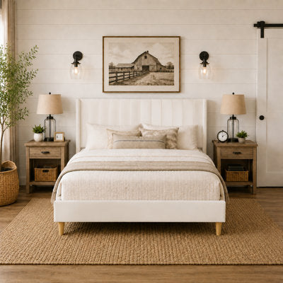 Eriksay Low-Profile Upholstered Platform Bed with Wingback Headboard in a bedroom setting