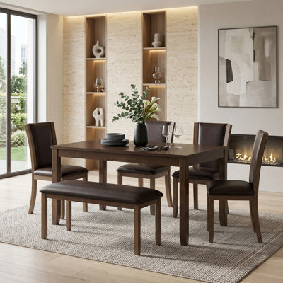 Farmhouse 6-Piece Dining Table Set With Bench And 4 Chairs, Rustic Wood Table For 6 In