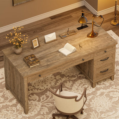 Luxury Arts Farmhouse Executive Office Desk with Charging Station & USB Ports – 53.5" Wooden Writing Desk in Gray