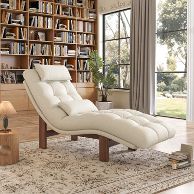 Luxury Arts Faux Leather Upholstered Chaise Lounge with Headrest and Lumbar Pillow